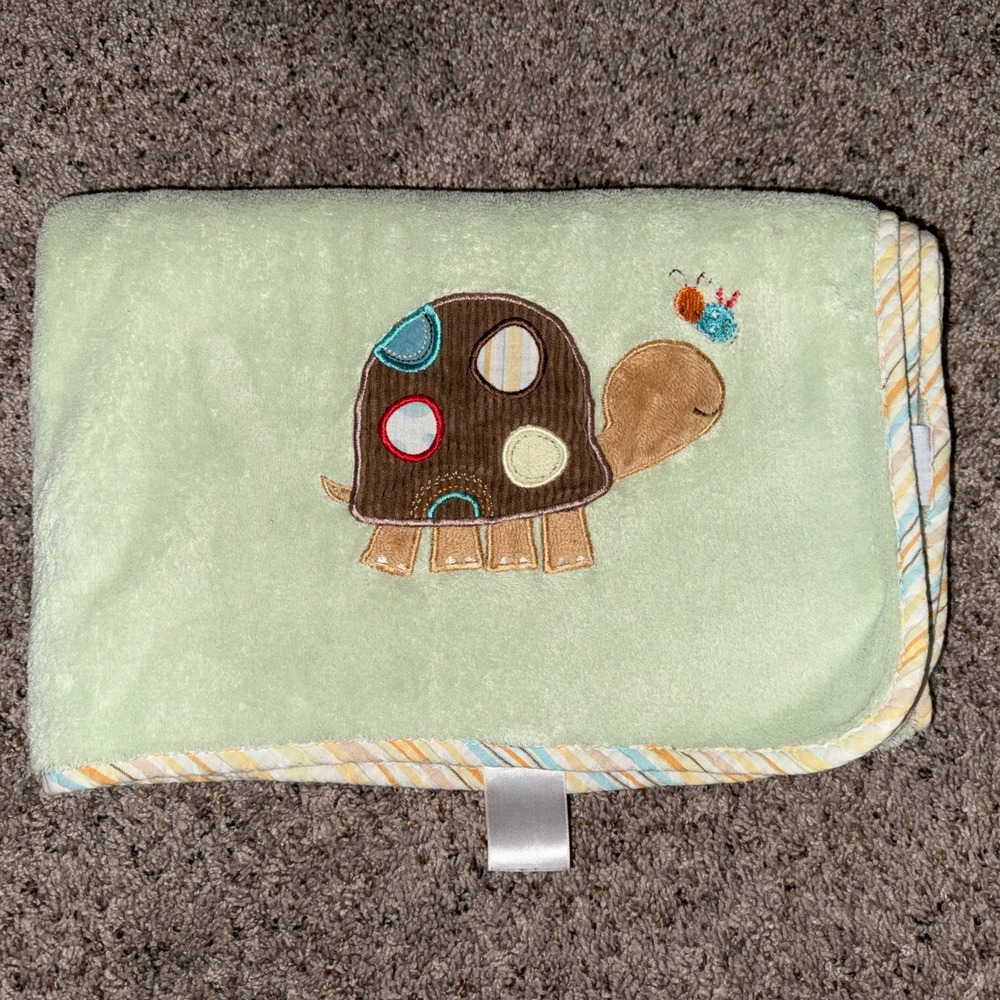 Carter's‎ Green Fleece Turtle Baby Blanket Striped Edge Brown with Spots Bee